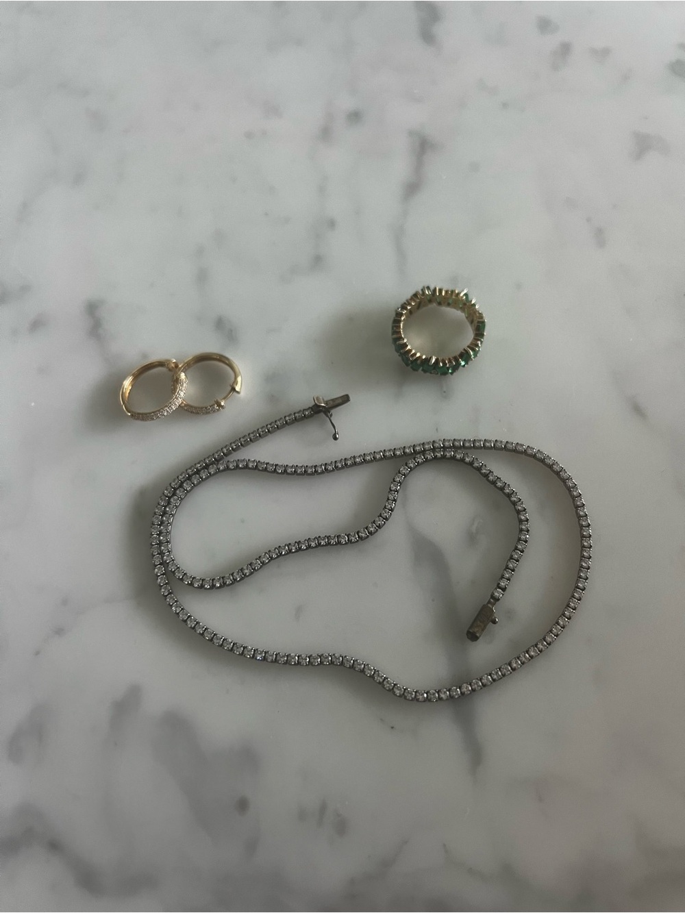 Lot of 3 Women's Silver Tennis Necklace with Gold and Emerald Accent Rings